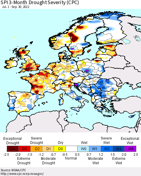 Europe SPI 3-Month Drought Severity (CPC) Thematic Map For 7/1/2022 - 9/30/2022