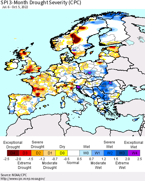 Europe SPI 3-Month Drought Severity (CPC) Thematic Map For 7/6/2022 - 10/5/2022