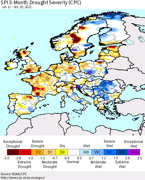 Europe SPI 3-Month Drought Severity (CPC) Thematic Map For 7/11/2022 - 10/10/2022