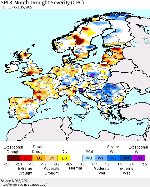 Europe SPI 3-Month Drought Severity (CPC) Thematic Map For 7/16/2022 - 10/15/2022