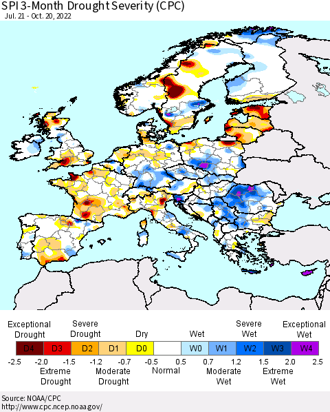 Europe SPI 3-Month Drought Severity (CPC) Thematic Map For 7/21/2022 - 10/20/2022