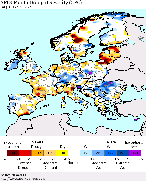Europe SPI 3-Month Drought Severity (CPC) Thematic Map For 8/1/2022 - 10/31/2022