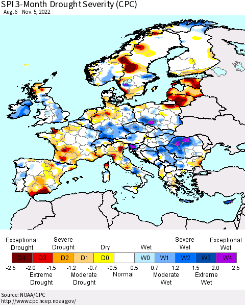 Europe SPI 3-Month Drought Severity (CPC) Thematic Map For 8/6/2022 - 11/5/2022