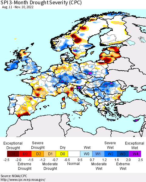 Europe SPI 3-Month Drought Severity (CPC) Thematic Map For 8/11/2022 - 11/10/2022