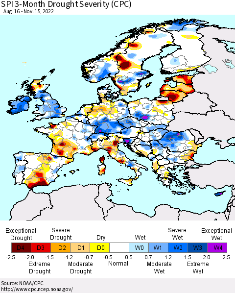 Europe SPI 3-Month Drought Severity (CPC) Thematic Map For 8/16/2022 - 11/15/2022