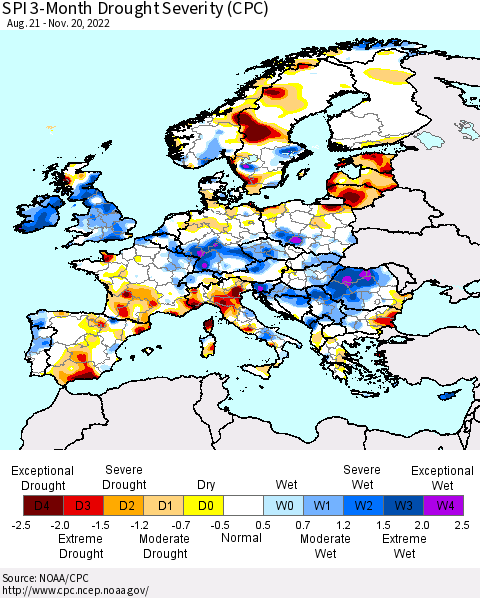 Europe SPI 3-Month Drought Severity (CPC) Thematic Map For 8/21/2022 - 11/20/2022