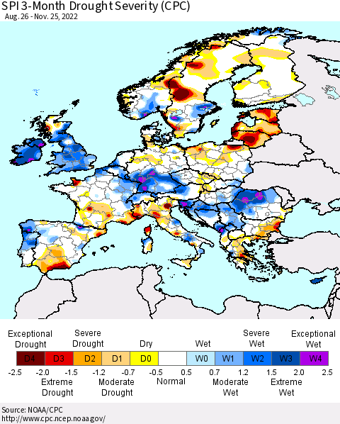 Europe SPI 3-Month Drought Severity (CPC) Thematic Map For 8/26/2022 - 11/25/2022