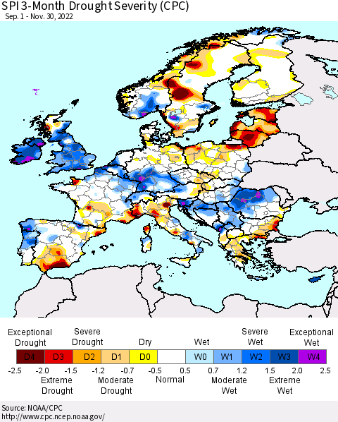 Europe SPI 3-Month Drought Severity (CPC) Thematic Map For 9/1/2022 - 11/30/2022
