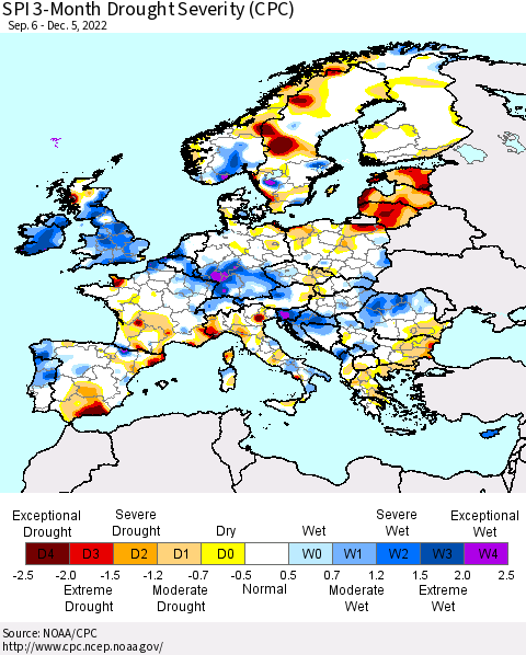 Europe SPI 3-Month Drought Severity (CPC) Thematic Map For 9/6/2022 - 12/5/2022