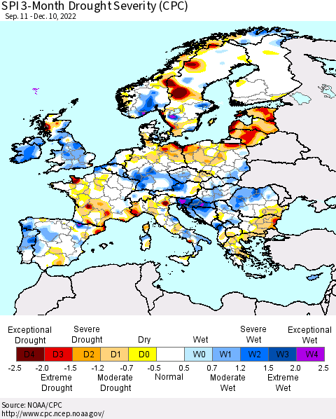 Europe SPI 3-Month Drought Severity (CPC) Thematic Map For 9/11/2022 - 12/10/2022