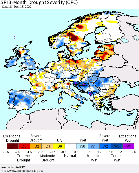 Europe SPI 3-Month Drought Severity (CPC) Thematic Map For 9/16/2022 - 12/15/2022