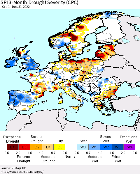 Europe SPI 3-Month Drought Severity (CPC) Thematic Map For 10/1/2022 - 12/31/2022