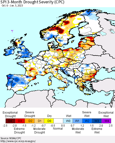 Europe SPI 3-Month Drought Severity (CPC) Thematic Map For 10/6/2022 - 1/5/2023