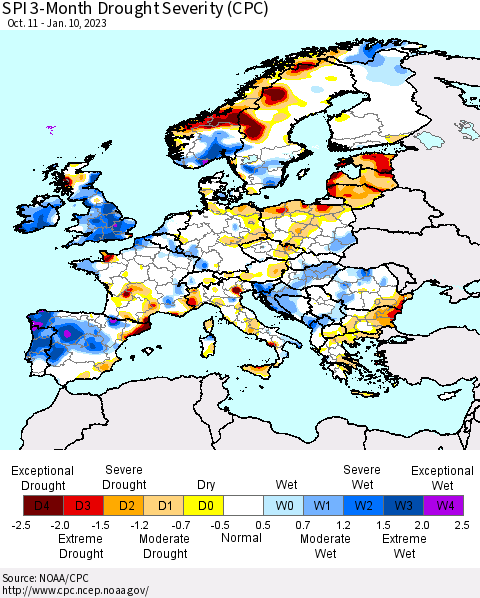 Europe SPI 3-Month Drought Severity (CPC) Thematic Map For 10/11/2022 - 1/10/2023