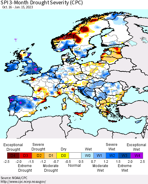 Europe SPI 3-Month Drought Severity (CPC) Thematic Map For 10/16/2022 - 1/15/2023