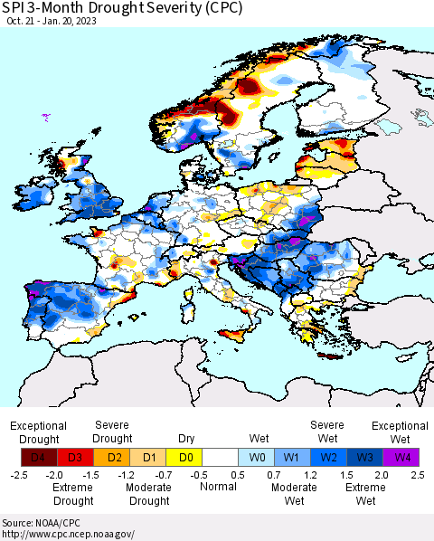 Europe SPI 3-Month Drought Severity (CPC) Thematic Map For 10/21/2022 - 1/20/2023