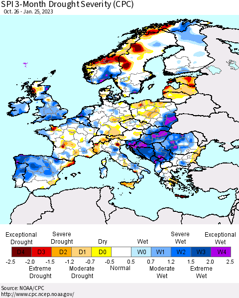 Europe SPI 3-Month Drought Severity (CPC) Thematic Map For 10/26/2022 - 1/25/2023