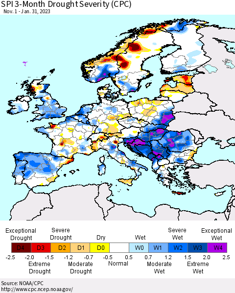 Europe SPI 3-Month Drought Severity (CPC) Thematic Map For 11/1/2022 - 1/31/2023