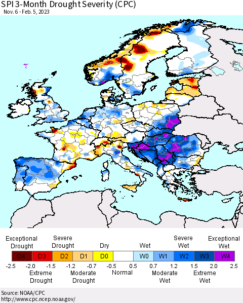Europe SPI 3-Month Drought Severity (CPC) Thematic Map For 11/6/2022 - 2/5/2023