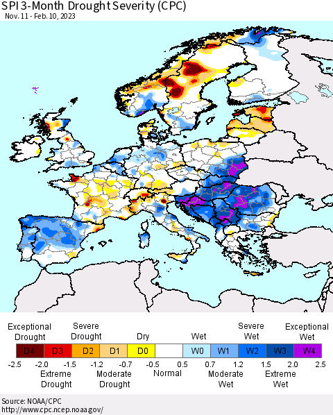Europe SPI 3-Month Drought Severity (CPC) Thematic Map For 11/11/2022 - 2/10/2023