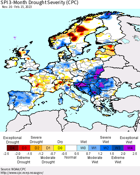 Europe SPI 3-Month Drought Severity (CPC) Thematic Map For 11/16/2022 - 2/15/2023