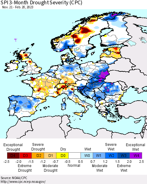 Europe SPI 3-Month Drought Severity (CPC) Thematic Map For 11/21/2022 - 2/20/2023