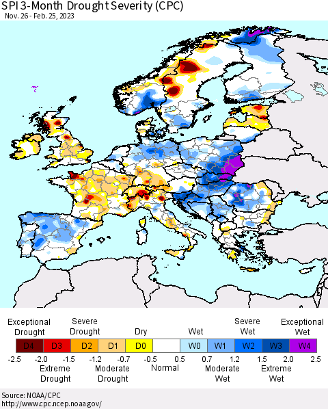 Europe SPI 3-Month Drought Severity (CPC) Thematic Map For 11/26/2022 - 2/25/2023