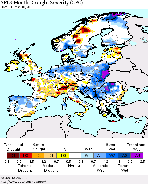 Europe SPI 3-Month Drought Severity (CPC) Thematic Map For 12/11/2022 - 3/10/2023