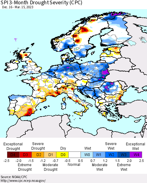 Europe SPI 3-Month Drought Severity (CPC) Thematic Map For 12/16/2022 - 3/15/2023