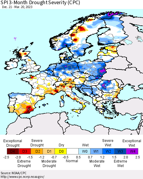 Europe SPI 3-Month Drought Severity (CPC) Thematic Map For 12/21/2022 - 3/20/2023