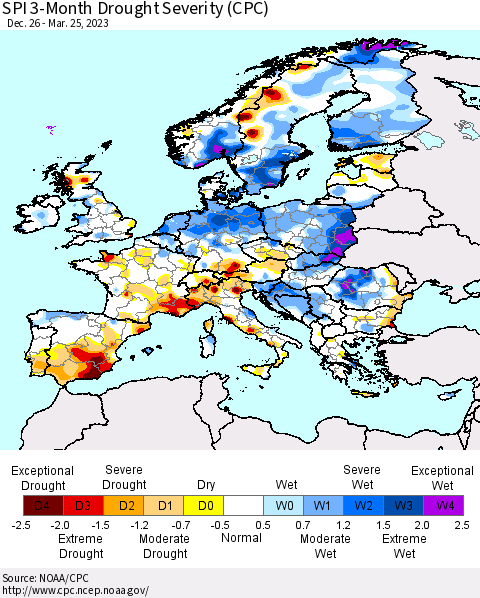 Europe SPI 3-Month Drought Severity (CPC) Thematic Map For 12/26/2022 - 3/25/2023