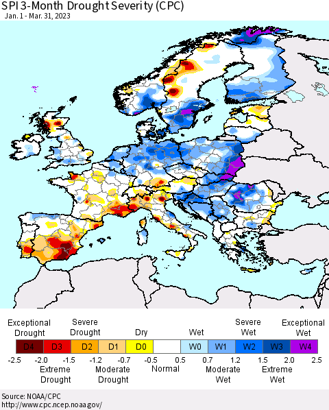 Europe SPI 3-Month Drought Severity (CPC) Thematic Map For 1/1/2023 - 3/31/2023