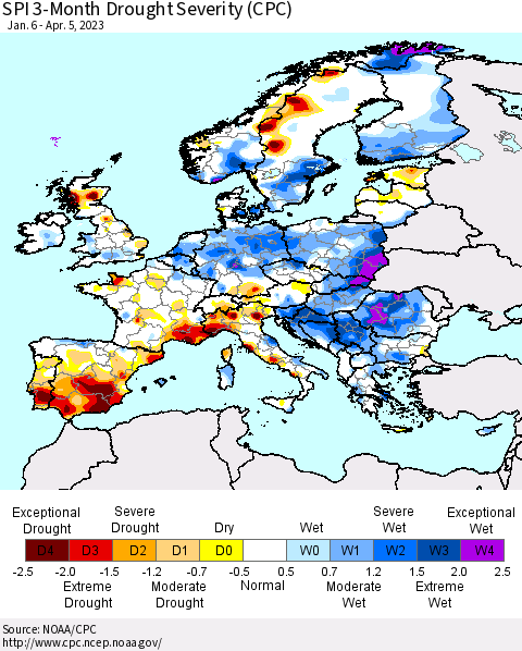 Europe SPI 3-Month Drought Severity (CPC) Thematic Map For 1/6/2023 - 4/5/2023