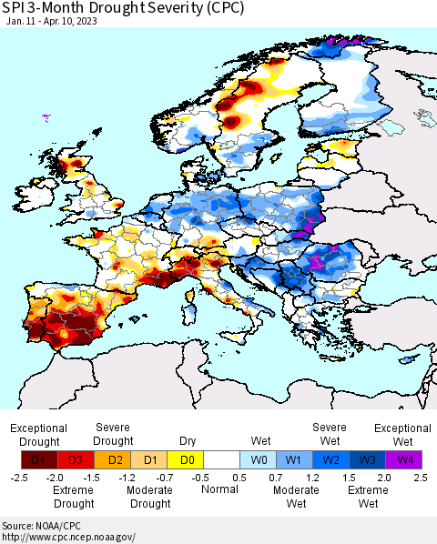 Europe SPI 3-Month Drought Severity (CPC) Thematic Map For 1/11/2023 - 4/10/2023