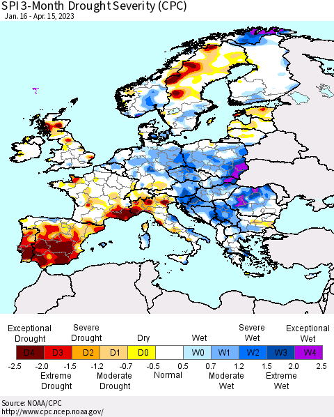 Europe SPI 3-Month Drought Severity (CPC) Thematic Map For 1/16/2023 - 4/15/2023