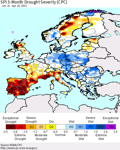 Europe SPI 3-Month Drought Severity (CPC) Thematic Map For 1/21/2023 - 4/20/2023