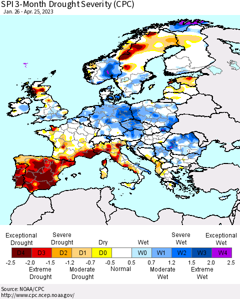 Europe SPI 3-Month Drought Severity (CPC) Thematic Map For 1/26/2023 - 4/25/2023