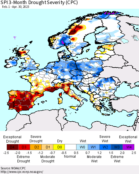 Europe SPI 3-Month Drought Severity (CPC) Thematic Map For 2/1/2023 - 4/30/2023