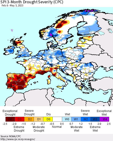 Europe SPI 3-Month Drought Severity (CPC) Thematic Map For 2/6/2023 - 5/5/2023