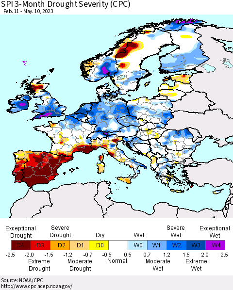 Europe SPI 3-Month Drought Severity (CPC) Thematic Map For 2/11/2023 - 5/10/2023