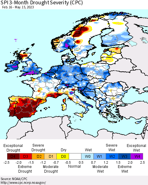 Europe SPI 3-Month Drought Severity (CPC) Thematic Map For 2/16/2023 - 5/15/2023