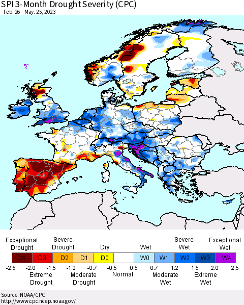 Europe SPI 3-Month Drought Severity (CPC) Thematic Map For 2/26/2023 - 5/25/2023