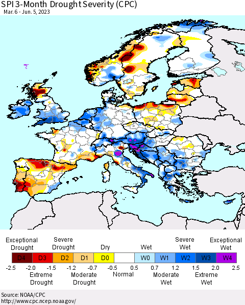 Europe SPI 3-Month Drought Severity (CPC) Thematic Map For 3/6/2023 - 6/5/2023