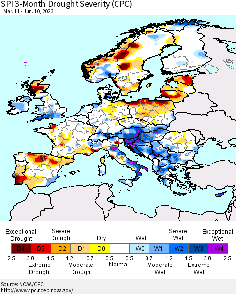Europe SPI 3-Month Drought Severity (CPC) Thematic Map For 3/11/2023 - 6/10/2023