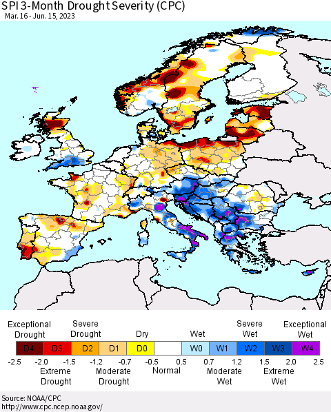 Europe SPI 3-Month Drought Severity (CPC) Thematic Map For 3/16/2023 - 6/15/2023