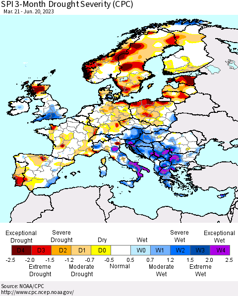 Europe SPI 3-Month Drought Severity (CPC) Thematic Map For 3/21/2023 - 6/20/2023