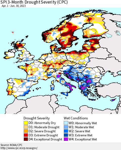 Europe SPI 3-Month Drought Severity (CPC) Thematic Map For 4/1/2023 - 6/30/2023