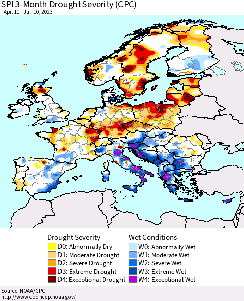 Europe SPI 3-Month Drought Severity (CPC) Thematic Map For 4/11/2023 - 7/10/2023
