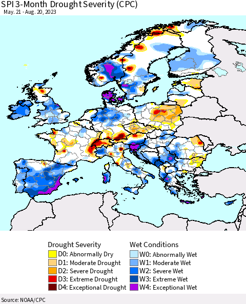 Europe SPI 3-Month Drought Severity (CPC) Thematic Map For 5/21/2023 - 8/20/2023