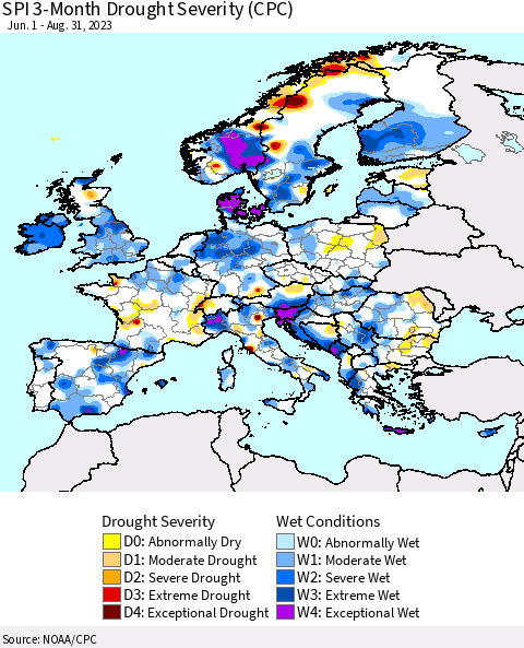 Europe SPI 3-Month Drought Severity (CPC) Thematic Map For 6/1/2023 - 8/31/2023